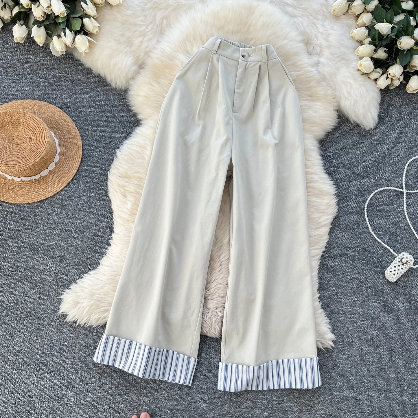 Vintage Striped High Waist Women Elegant Button Long Wide Leg Pants French High Street Streetwear Autumn Winter Basics Clothing