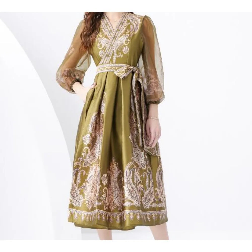 Vintage Elegant sweet puff sleeve Bandage Dress A-line Chic Casual Beach Vacation Women Summer dresses