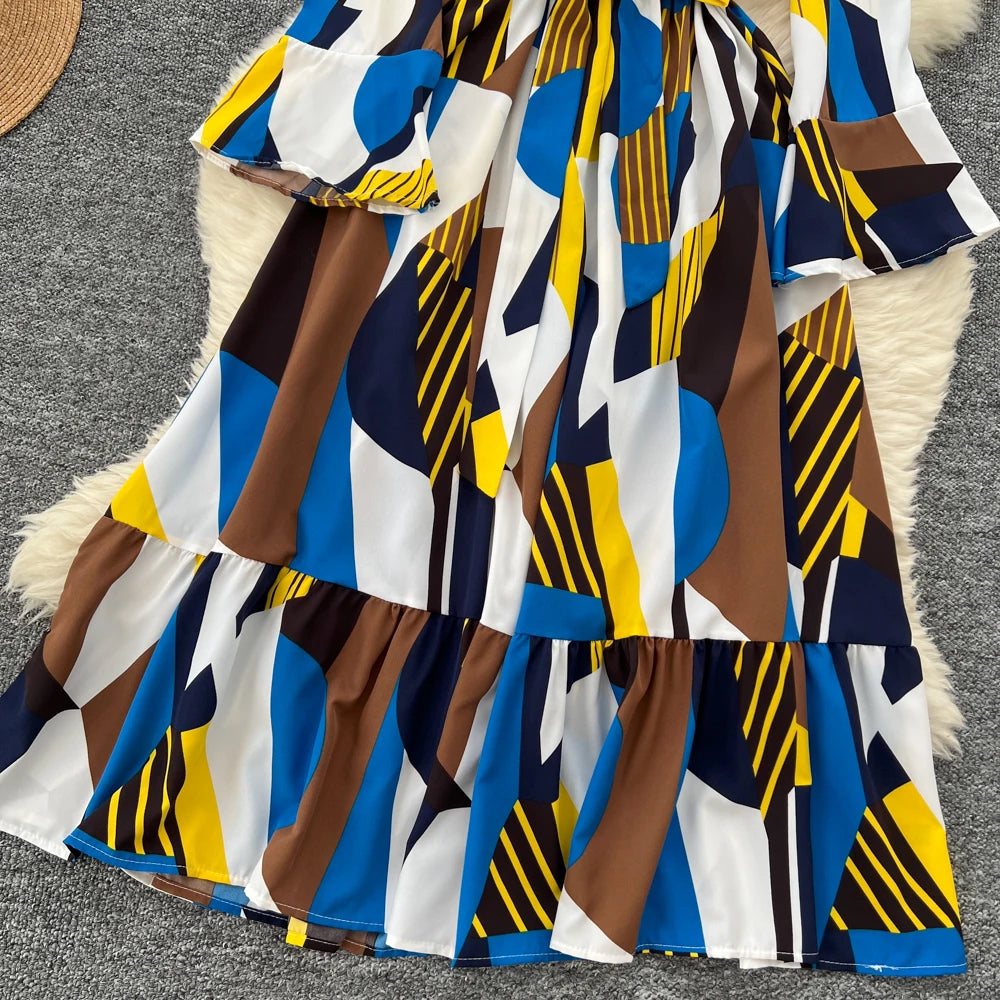 Women Vintage Print Dress for Women Autumn Flare Long Sleeves Lace Up Ruffles Slim Waist Evening Party Dresses A-Line Vestidos