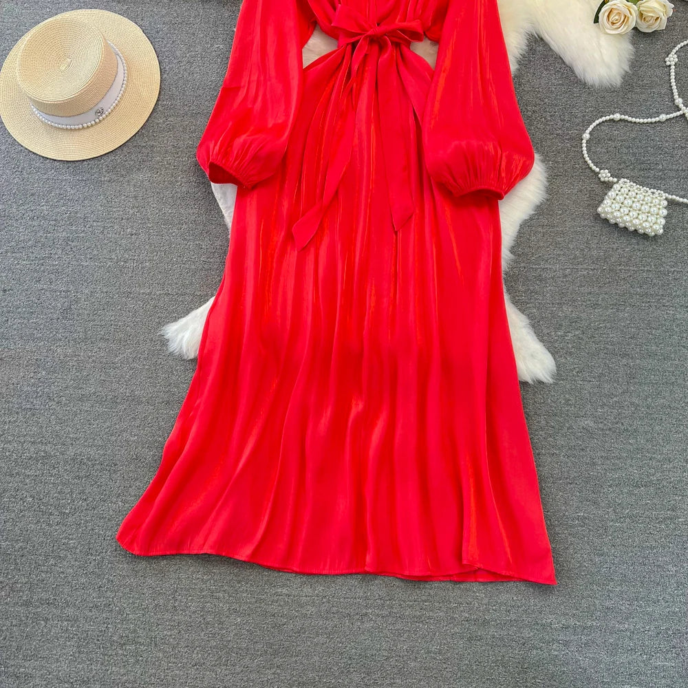 Autumn Elegant Women Fashion Party Long Dress Bow Lace Up Long Sleeve Evening Dresses A-Line Casual Vestidos One Piece Prom Robe