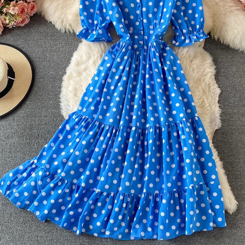 New Summer Women's Fashion Vintage Polka Dot Midi Dress Elegant and Chic A-Line Party Casual White Black Vestidos Female Robe