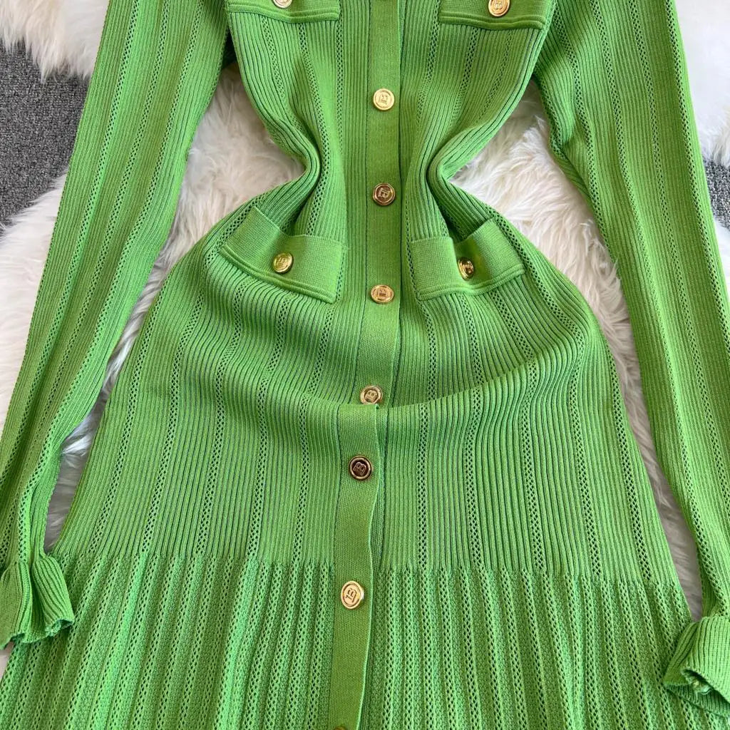 Women Vintage Mermaid Knitted Dress Elegant Casual Single Breasted Bodycon Slim Evening Dresses Female One Piece Clothes Mujers