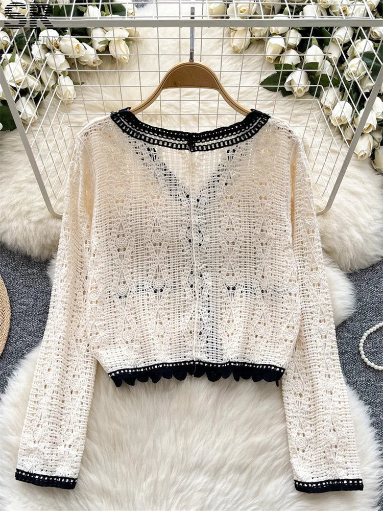 SINGREINY Autumn Color Block Knitting Cardigan Women V Neck Long Sleeve Single Breasted Design Hook Flower Hollow Basics Coat