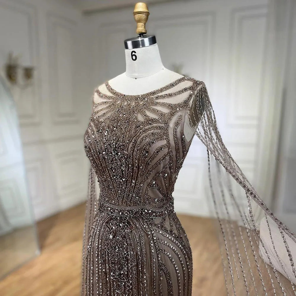 Serene Hill Brown Mermaid Elegant 2024 With Cape Sleeves Beaded Luxury Evening Dresses Gowns For Women Party LA70638