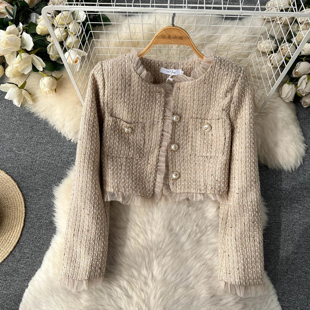 Elegant Small Fragrance Two-Piece for Women's Strap Mesh Midi Dress+Short Thick Tweed Jacket for Women's Spring and Autumn Set