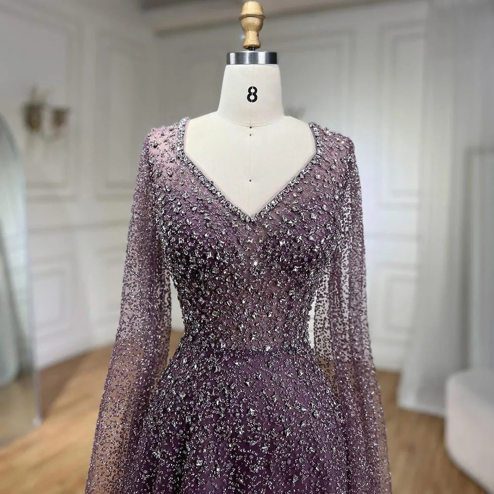 Serene Hill Arabic Luxury Purple A-Line Elegant Strapless Beaded Evening Dresses Long for Woman Wedding Party LA72147