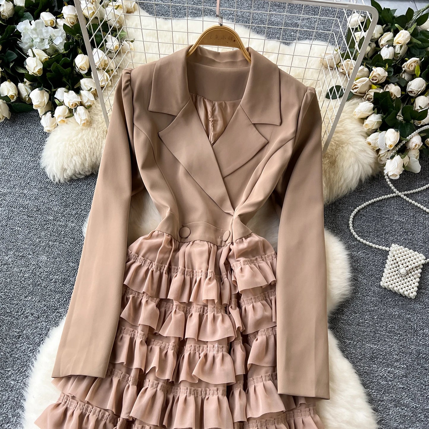 French Vintage Two Pieces Sets Notched lool sleeve mesh sweet A-line Chic PATCHWORK Women Summer dresses