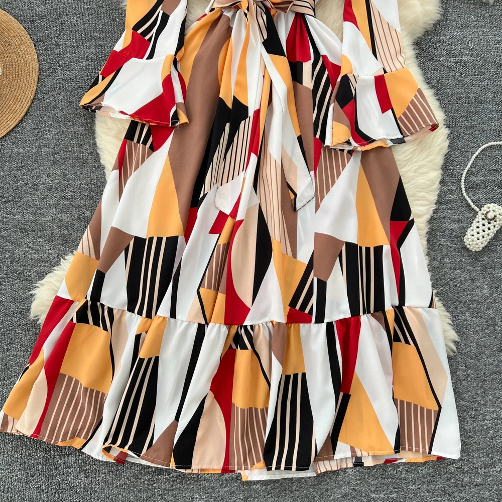 Women Vintage Print Dress for Women Autumn Flare Long Sleeves Lace Up Ruffles Slim Waist Evening Party Dresses A-Line Vestidos