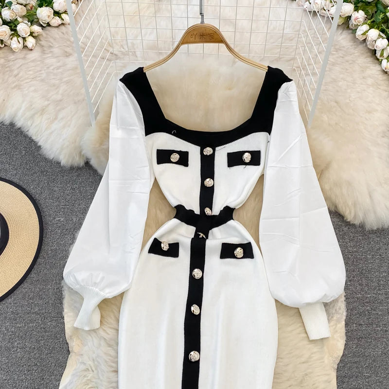 Vintage Elegant Patchwork Square Neck Long Sleeve Knit Dress Casual Women Fashion High Waist Summer Spring Hip Wrap Dress
