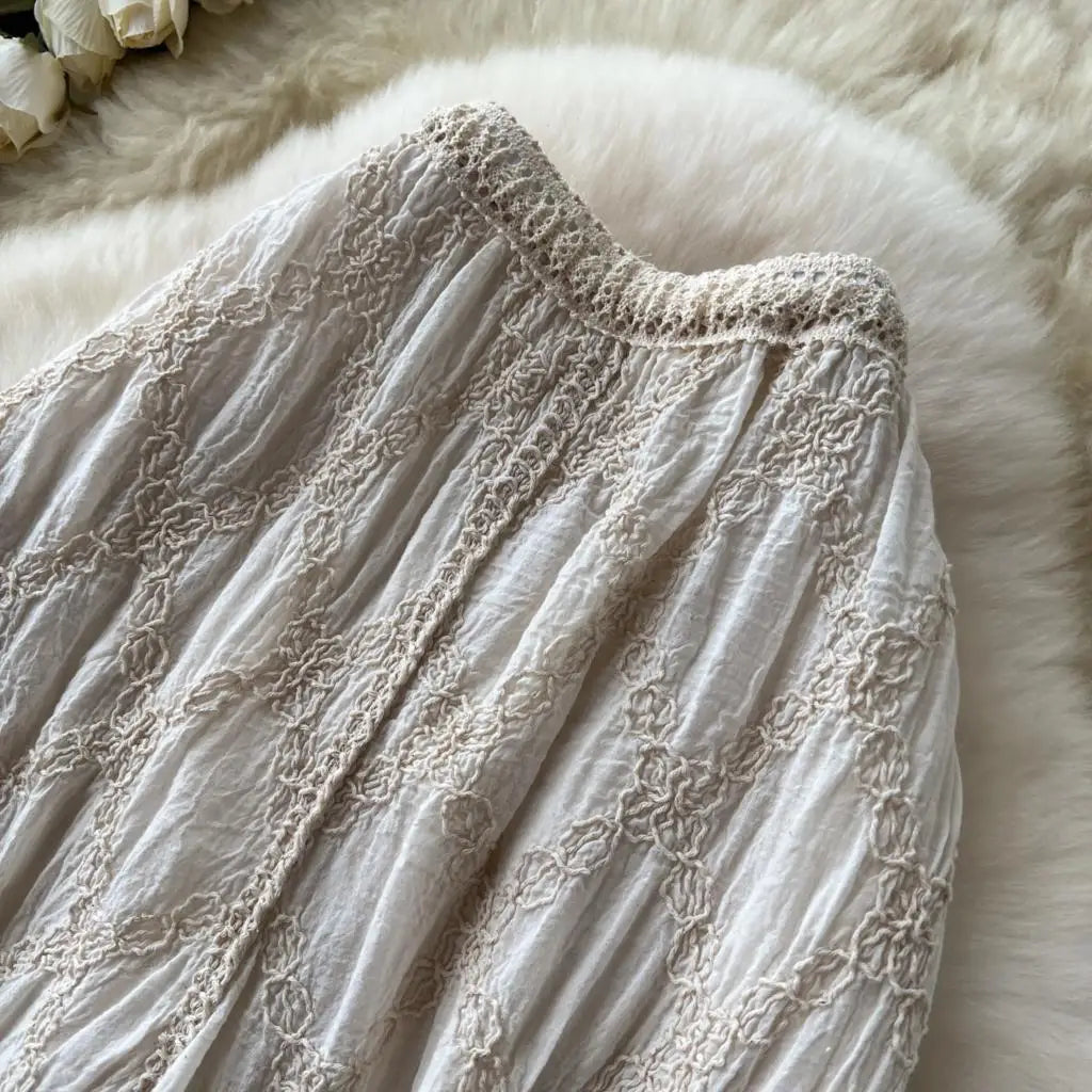 Korean Fashion Women Knitting Trousers Autumn Embroidery Splice Hollow Out High Waist Loose Casual Beach Long Wide Leg Pants New