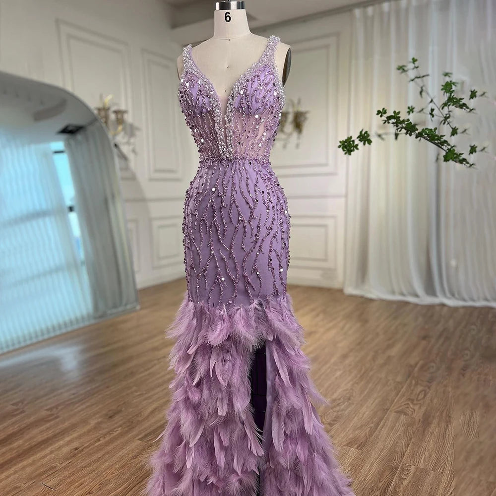 Serene Hill Pink Mermaid High Split Luxury Evening Dresses Feather Beaded Gowns Long 2024 For Women Wedding Party LA72152