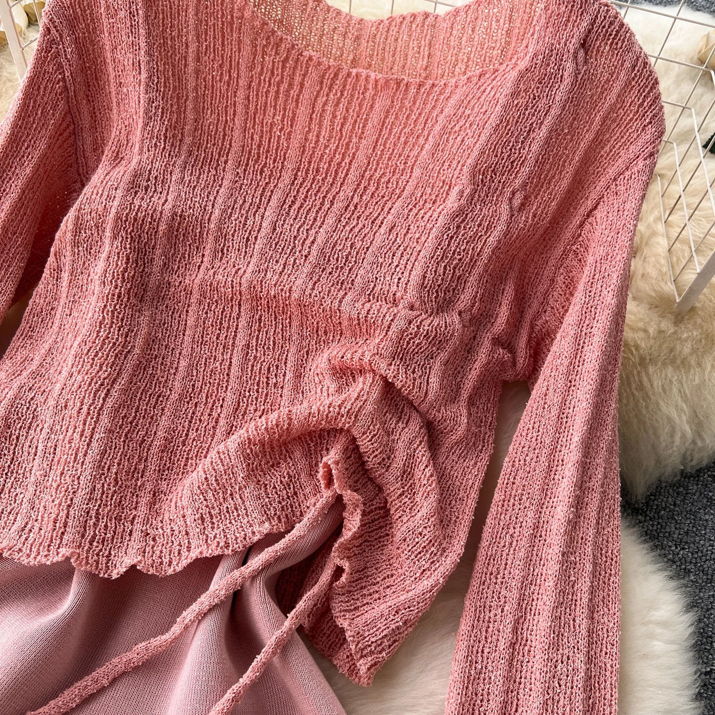 French Vintage Shirring lool sleeve slip knit overcoat with sweet slip A-line Chic Casual Vacation Women Summer dresses