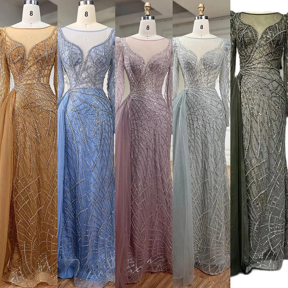 Serene Hill Muslim Gold Mermaid Beaded Luxury Dubai Evening Dresses Gowns With Overskirt 2024 For Women Party LA72206