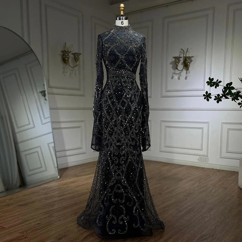 Serene Hill Muslim Grey Mermaid Elegant Nude Cape Sleeve Beaded Luxury Dubai Long Evening Dress 2024 Women's Party LA72316