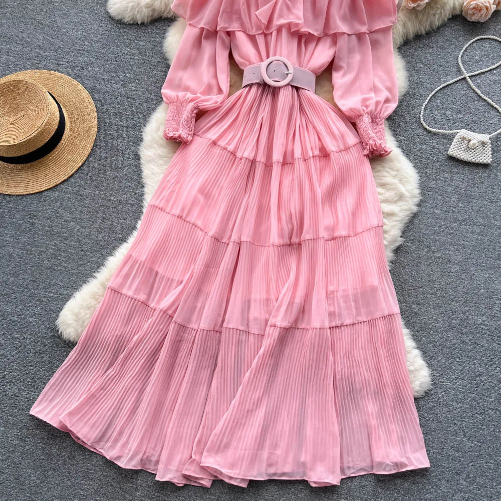 Vintage Pleated Slash Neck Off Shoulder High Waist Dress Long Sleeve Dress Chic Summer Beach Vestidos Women Vacation Sundress
