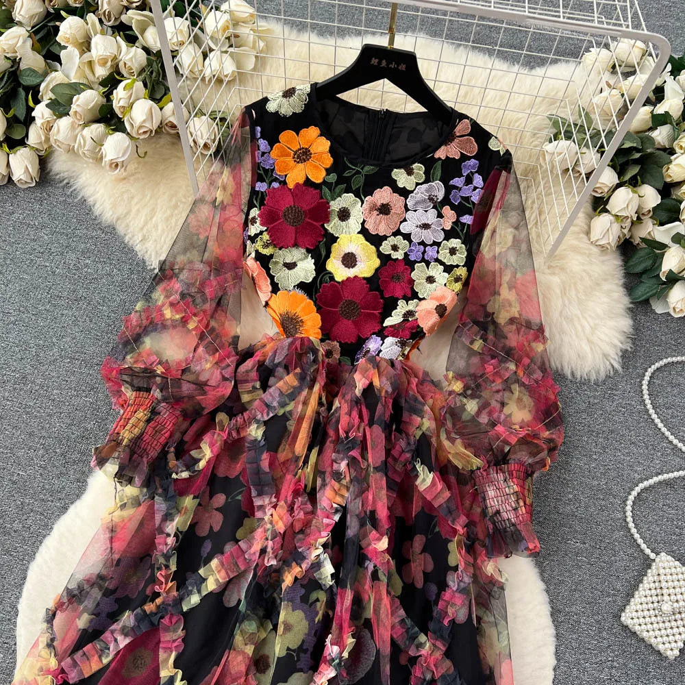 Retro Print Embroidery Elegant Mesh Dress A-line O-neck Long Sleeve Casual High Waist Dress Women Summer