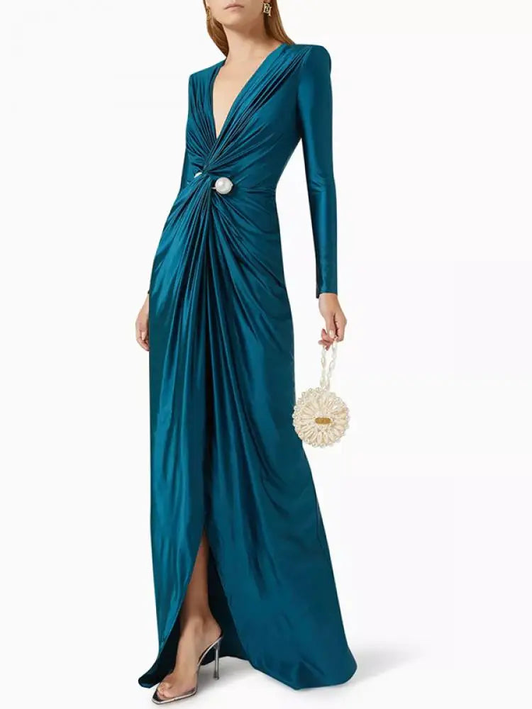 Yeezzi 2024 New Female Tied Waist Deep V-Neck Pleated Prom Banquet Dress Spring Long Sleeves Elegant Party Evening Maxi Dresses