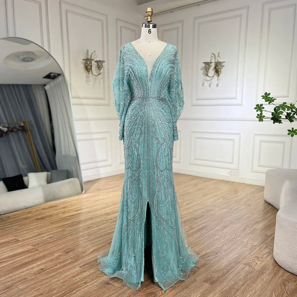 SERENE HILL 2024 Arabic Gold Elegant Mermaid Black Luxury Beaded Evening Dresses Gowns Diamond For Women Wedding Party GLA72288A