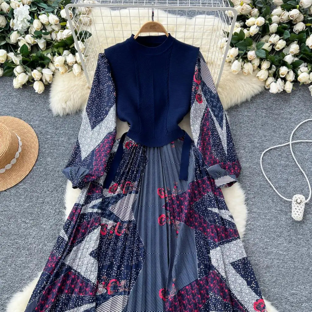 French Vintage Patchwork Print Knitted Dress Elegant and Chic Boho Beach Holiday Dresses A-Line Slim Waist Pleated Vestidos New