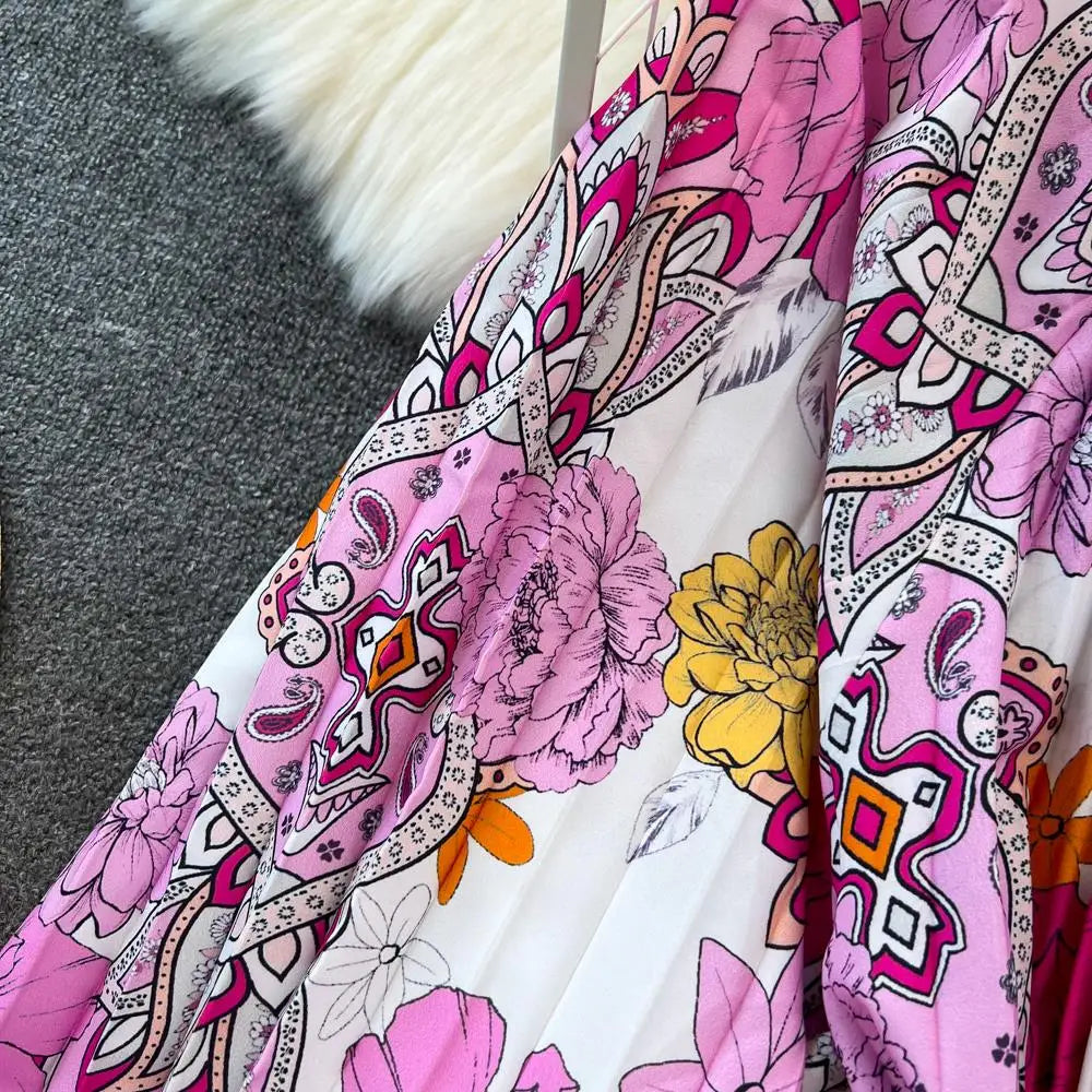 Elegant Women Casual Floral Print Party Dress Vintage Lantern Sleeve A-Line Pleated Prom Birthday Clothes Female Fashion Robe