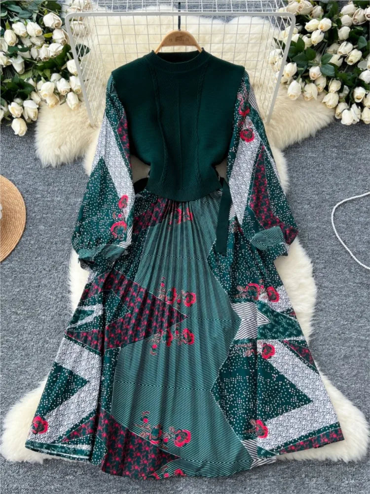 French Vintage Patchwork Print Knitted Dress Elegant and Chic Boho Beach Holiday Dresses A-Line Slim Waist Pleated Vestidos New