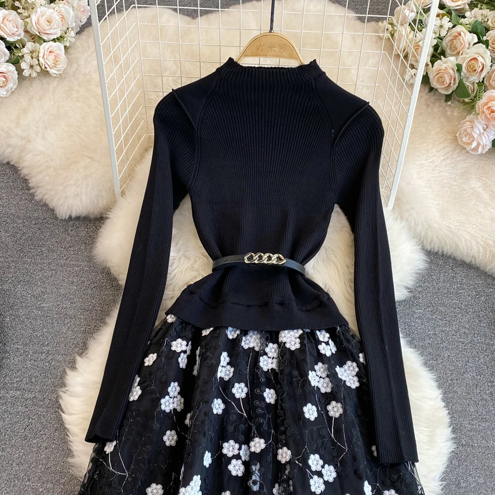 Women Chic Long Sleeve Stand Collar Patchwork A-line Dress Vintage Korean Fashion Knit Vestido Elegant Autumn Winter Knitwear