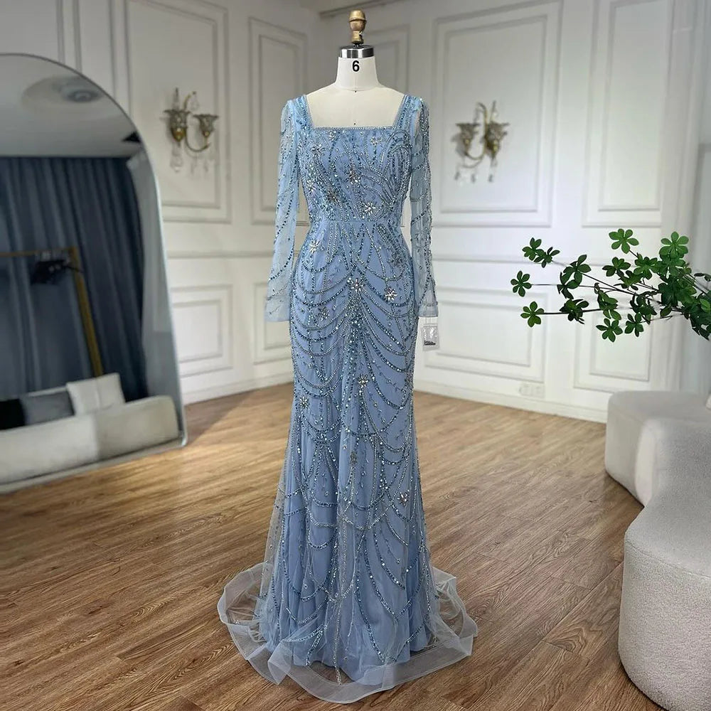 Serene Hill Luxury Dubai Green Mermaid Elegant Crystal Beaded Arabic Evening Dresses Gowns For Women Wedding Party 2023 BLA72242
