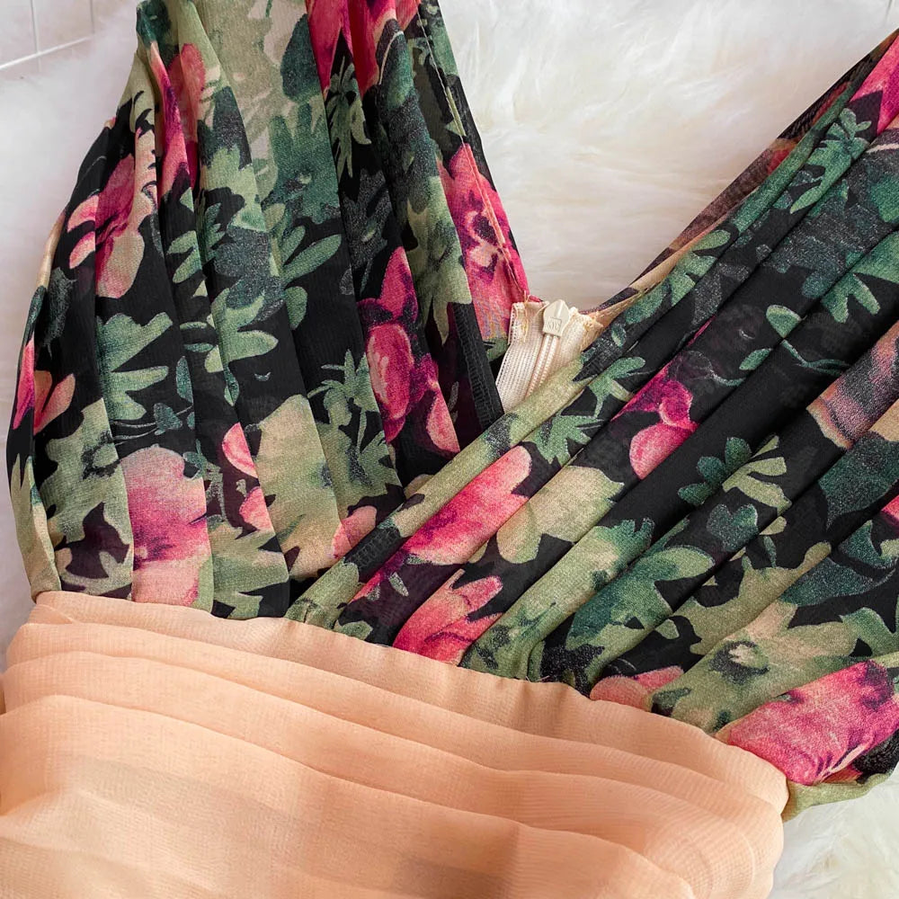 Elegant Evening Party Dress Women Sexy V-neck Floral Printed A-line Long Dresses Ladies Sleeveless Slim A-line Chiffon Long Robe