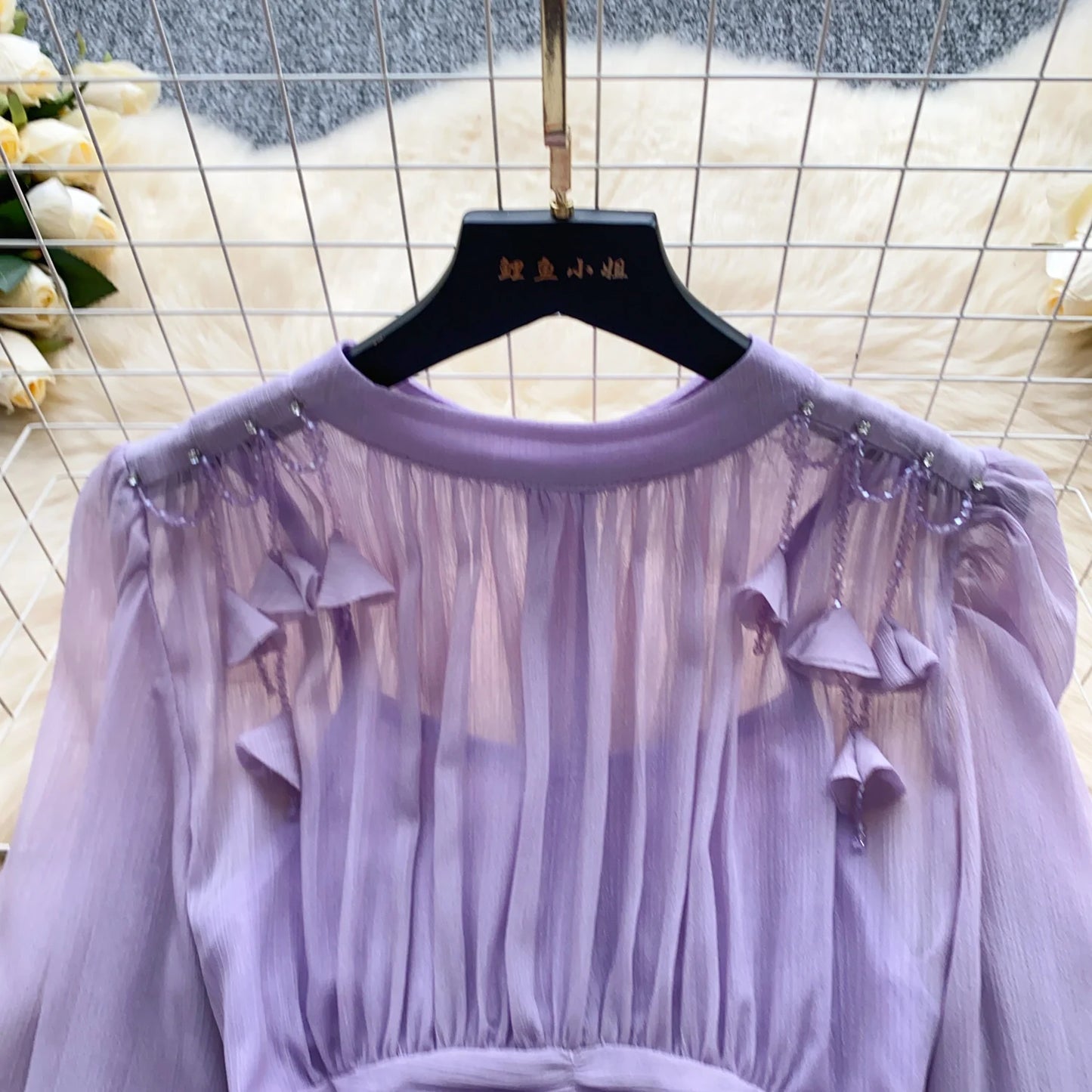 Elegant Tassel Beaded Lantern Sleeve Midi Dress Women French Stand Collar Slim A-Line Pleated Female One Piece Casual Mujer New