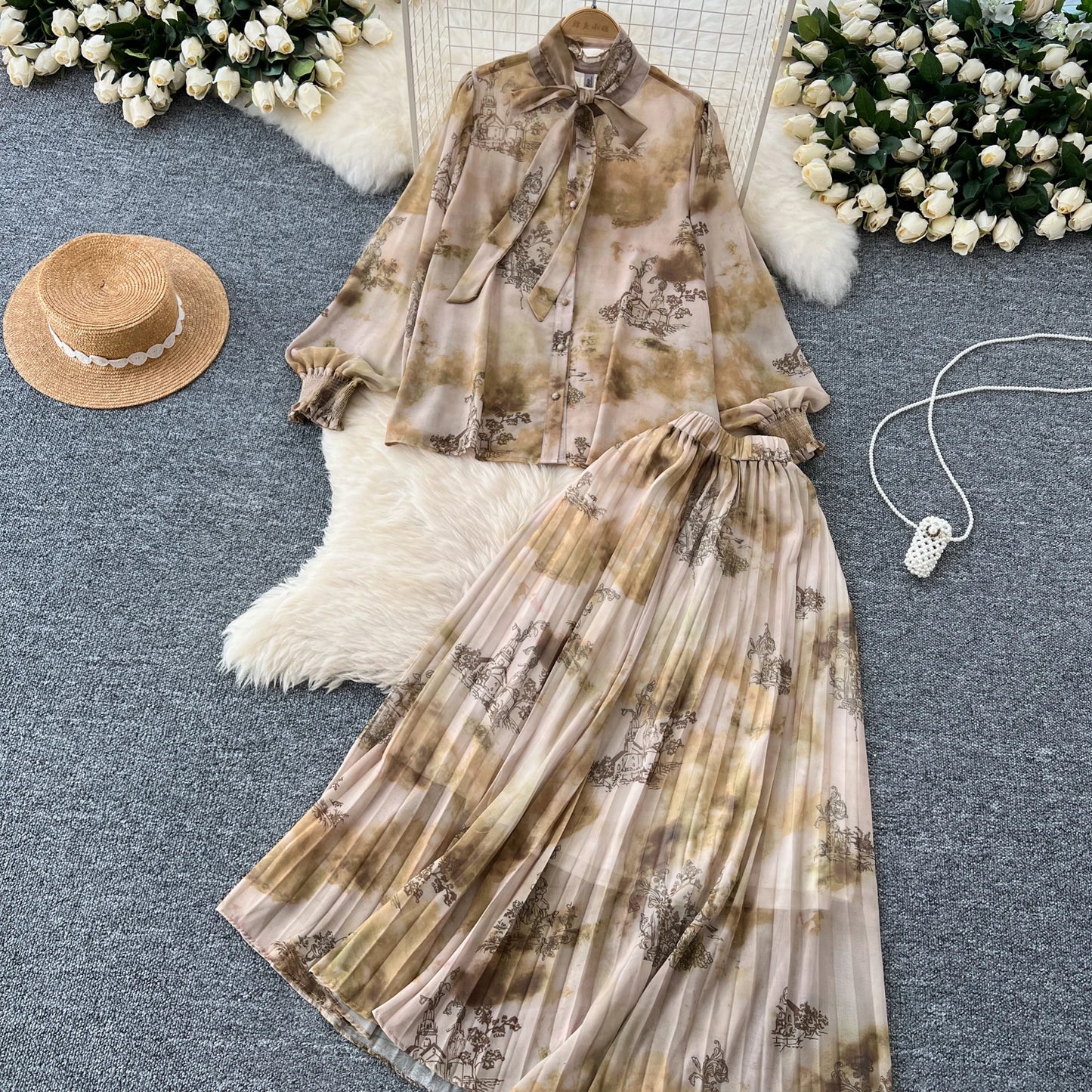 Women Chic Print Sweet Two Pieces Sets Bow Lantern Long Sleeve Top High Waitst Wide Skirt Fashion Summer Sets