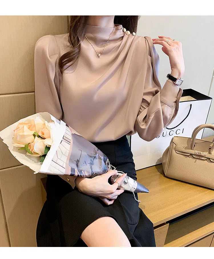 Autumn New Women's Style Stand up Collar Pleated Long Sleeve Top Fashion Lantern Sleeve Loose Elegant Solid Color Shirt Blouse