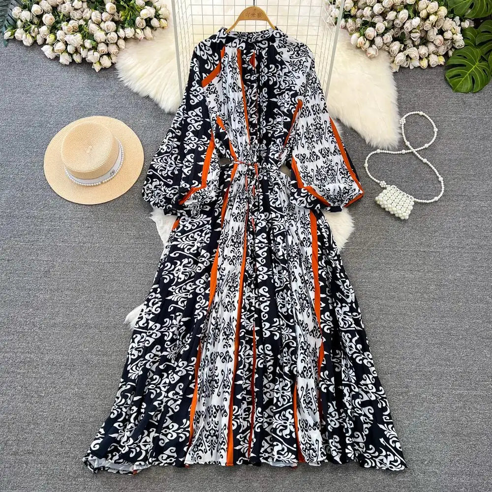 Elegant Women Casual Floral Print Party Dress Vintage Lantern Sleeve A-Line Pleated Prom Birthday Clothes Female Fashion Robe