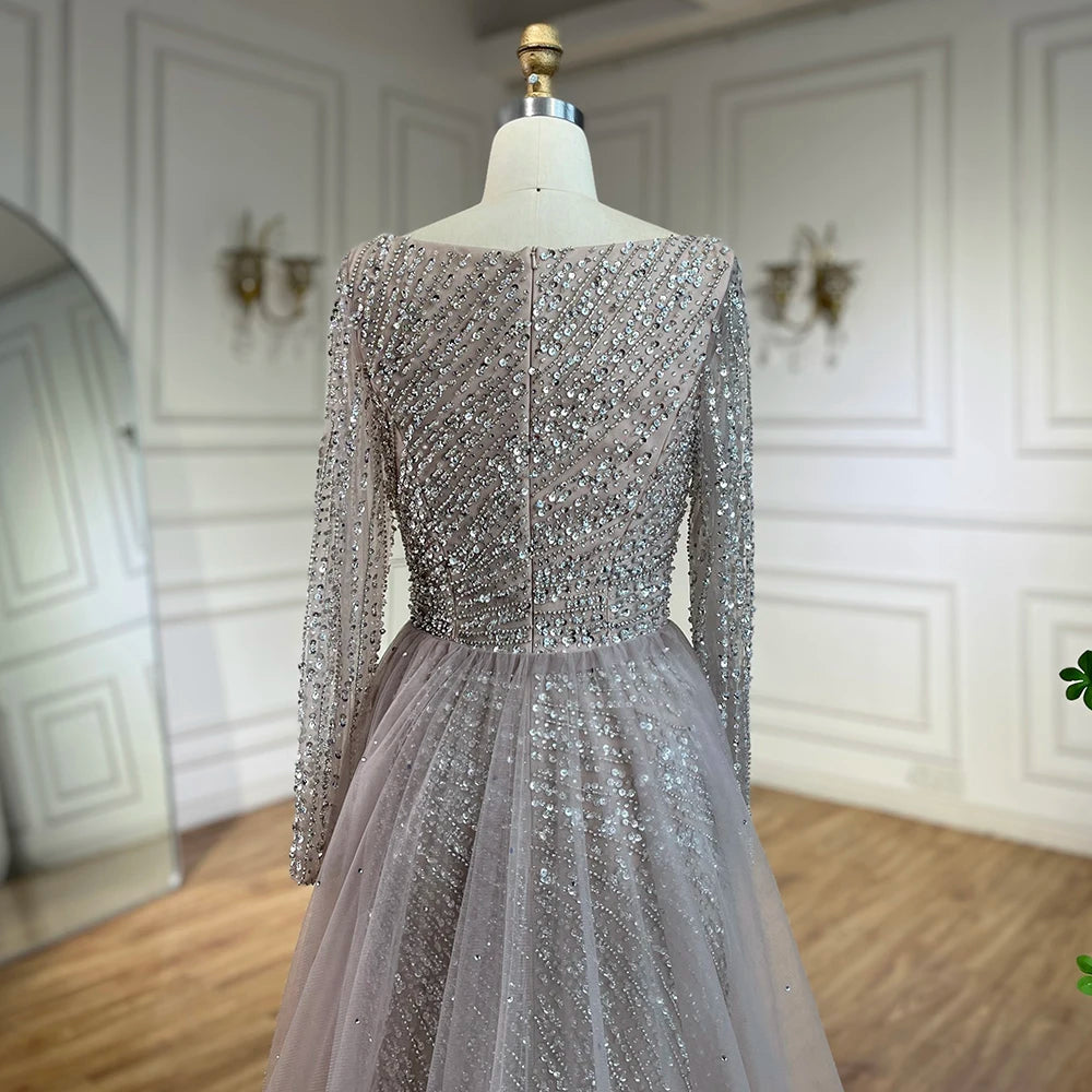 SERENE HILL 2024 Arabic Dubai Silver Gray Beaded Mermaid Evening Dresses Long Sleeves Gown With Skirt For Women Party GLA71618L