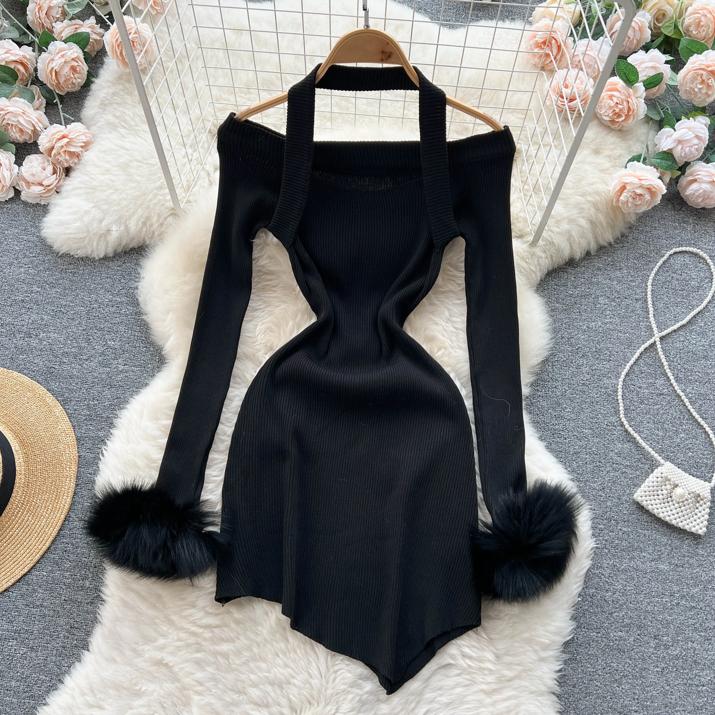 Chic Sexy Halter Bandage Irregular Bodycon Dress Fluffy Long Sleeve Knit Birthday Dress Autumn Winter Pencil Sweater Vestidos