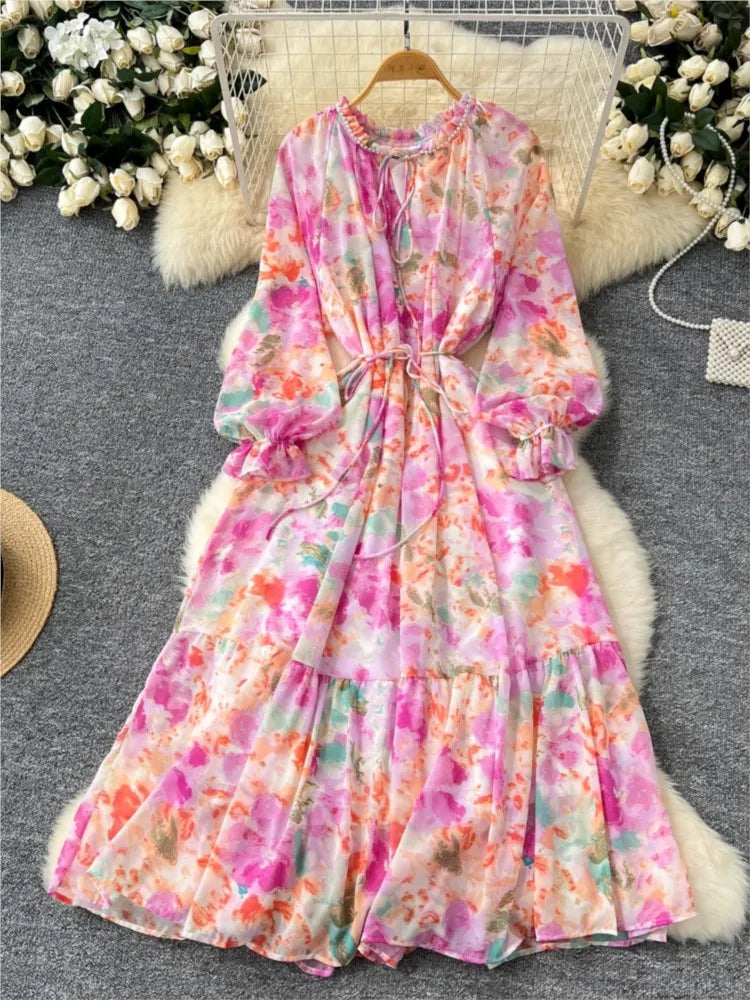 Elegant Floral Print Party Dress for Women French O-Neck Embroidered Flares Lace Up Lantern Long Sleeves Chiffon Long Dresses