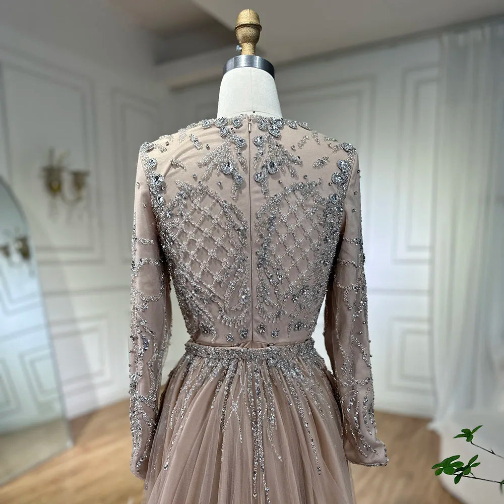 Serene Hill Muslim Silver Nude Mermaid Gown with Detachable Overskirt Beaded Evening Dress for Women Wedding Party 2024 LA71919