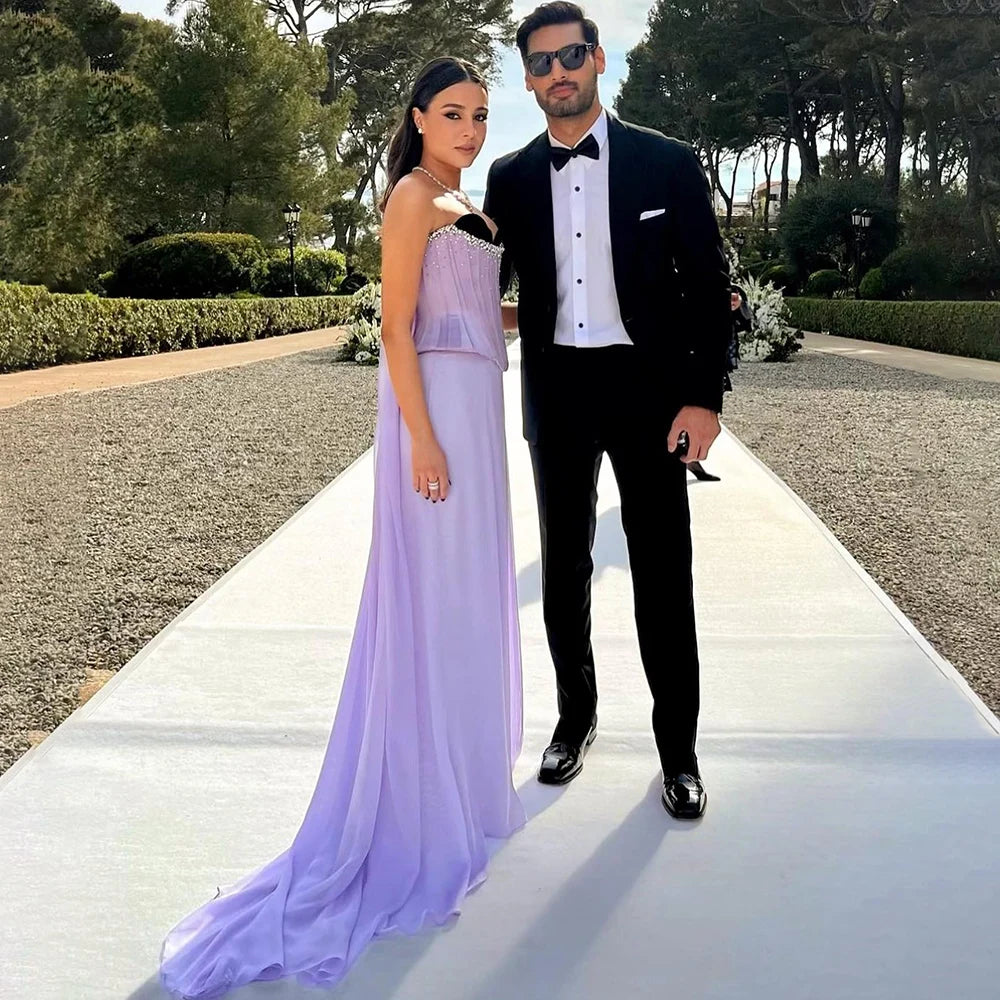Serene Hill 2024 Saudi Lilac Two-Piece Satin A-Line Evening Dresses for Women Strapless Corset for Formal Occasion LA72765