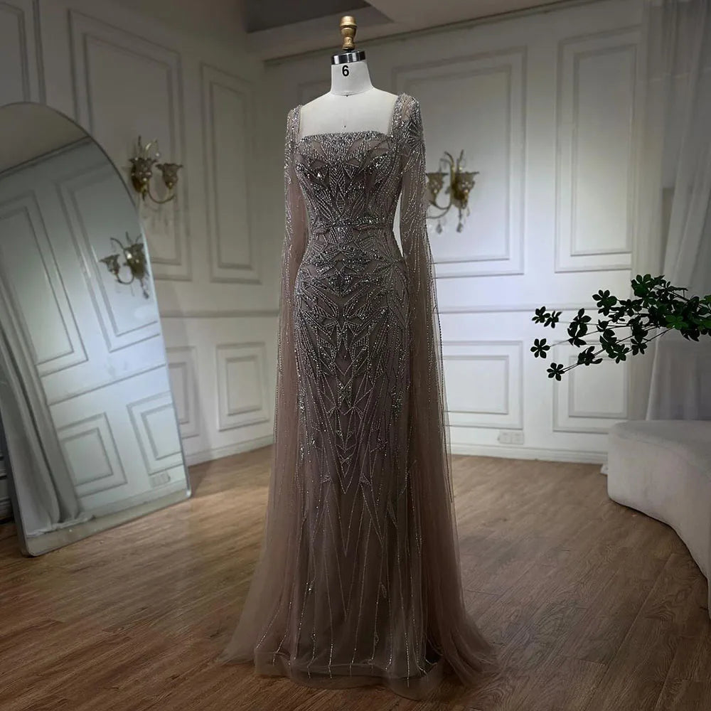 SERENE HILL 2024 Arabic Nude Cape Sleeves Mermaid Dubai Evening Dresses Beaded Luxury Wedding Party Gowns For Women GLA72261