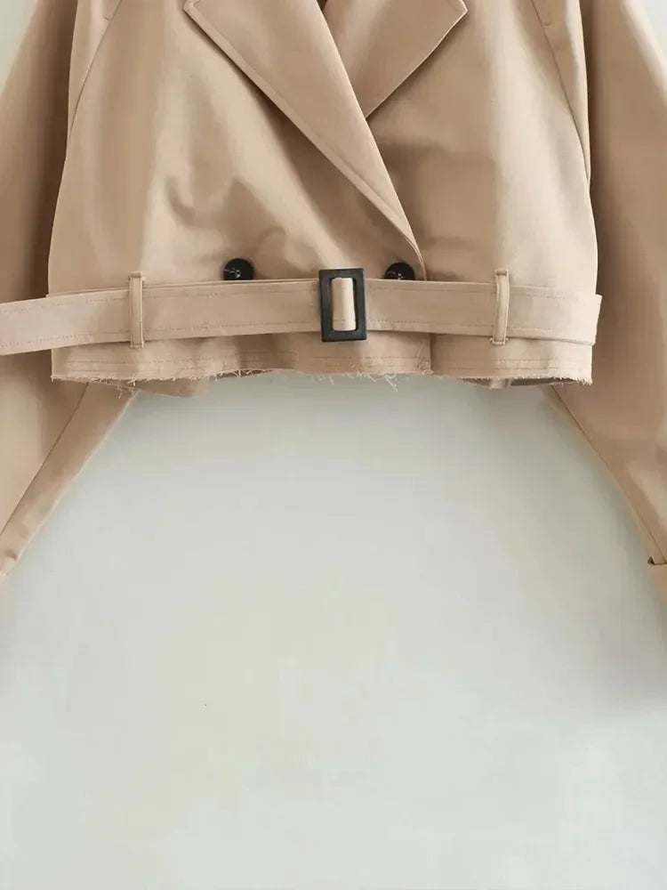 Fashion Belt Cropped Trench Spring Jacket Women Vintage Streetwear Double Breasted Long Sleeve Top Female Coat Outfits