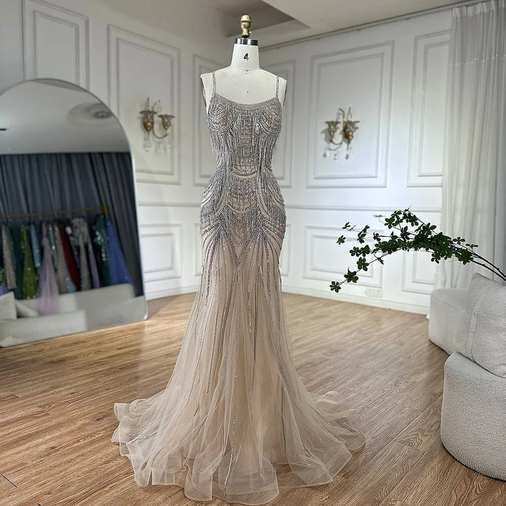 Serene Hill 2024 Silver Nude Spaghetti Strap Mermaid Evening Dress Gown with Luxury Beaded Tassels for Formal Occasion LA72772