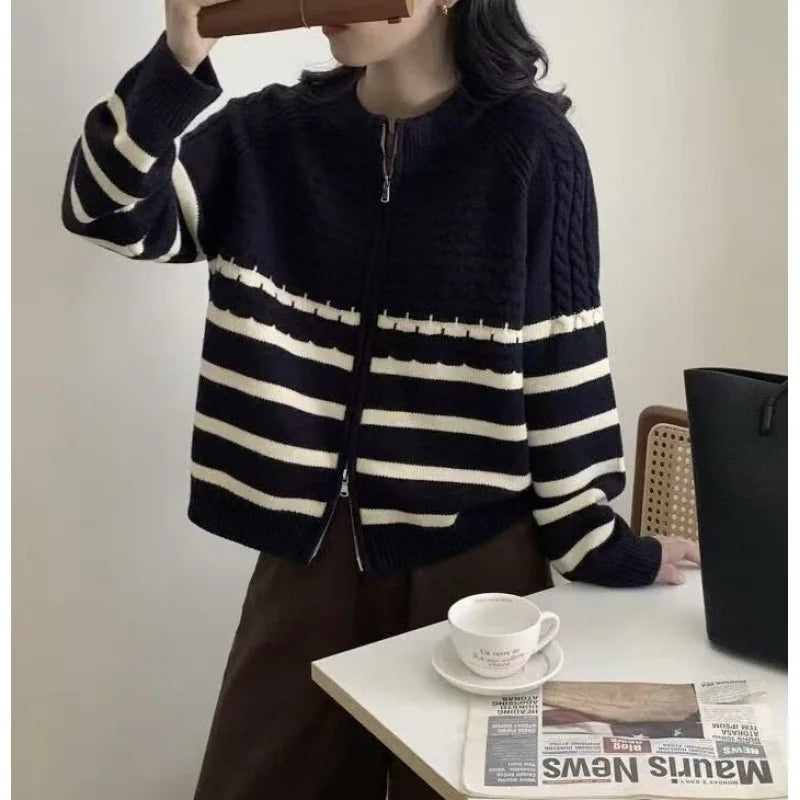 Autumn Winter Korean Edition Stripe Color Contrast Double Zipper Short Knitted Cardigan Women's Loose Fit Long Sleeve Sweater