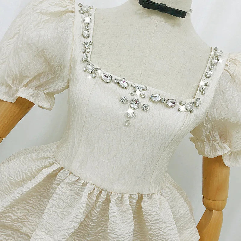 Luxury Diamond Square Neck Bubble Sleeves Wrapped Waist Chiffon Shirt Top Women's Summer Ruffle Edge Pleated Short sleeved Tops