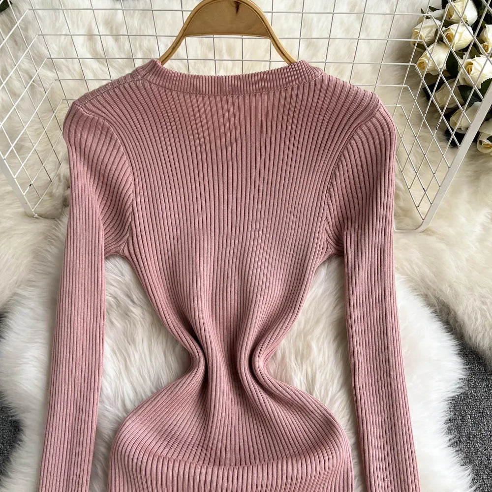 Women Elegant Chic Long Sleeve Sexy Slim Bodycon Dress Vintage Korean Fashion Knit Tight Vestido Autumn Winter Sweater Robe