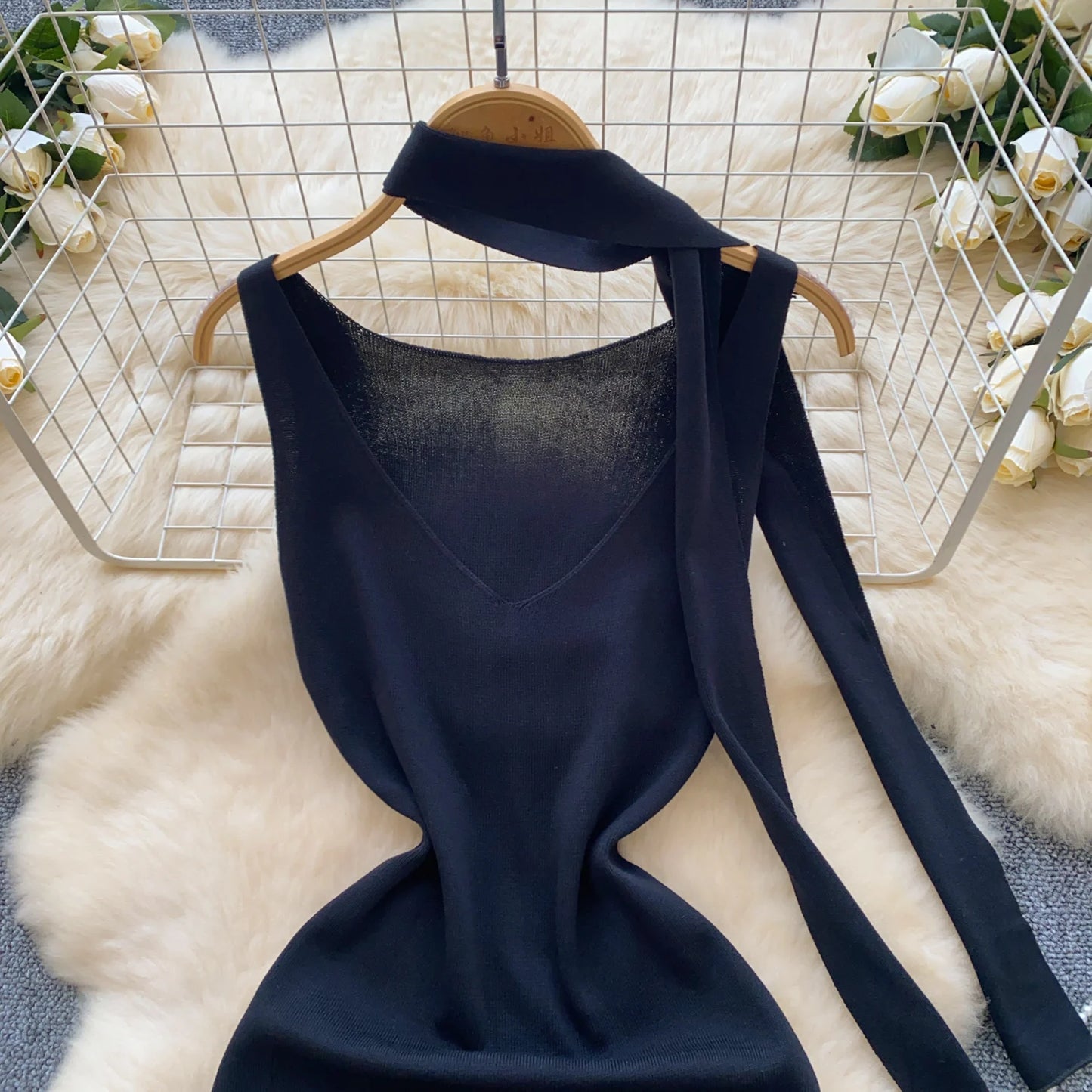 Sexy V-Neck Knitted Mini Dress for Women Elegant Spaghetti Strap Ribbon Slim Dresses One Piece Solid Female Clothes Autumn New