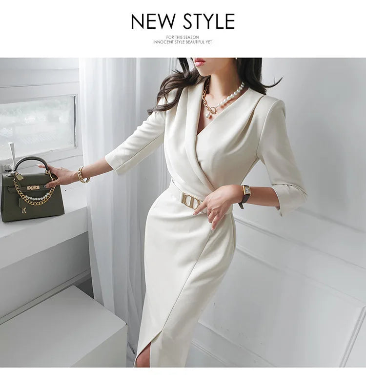Commuting Style V-neck Mid length One Step Dress with Belt Autumn New Office Women's Slim Fit Waist Closing Beige Split Dresses