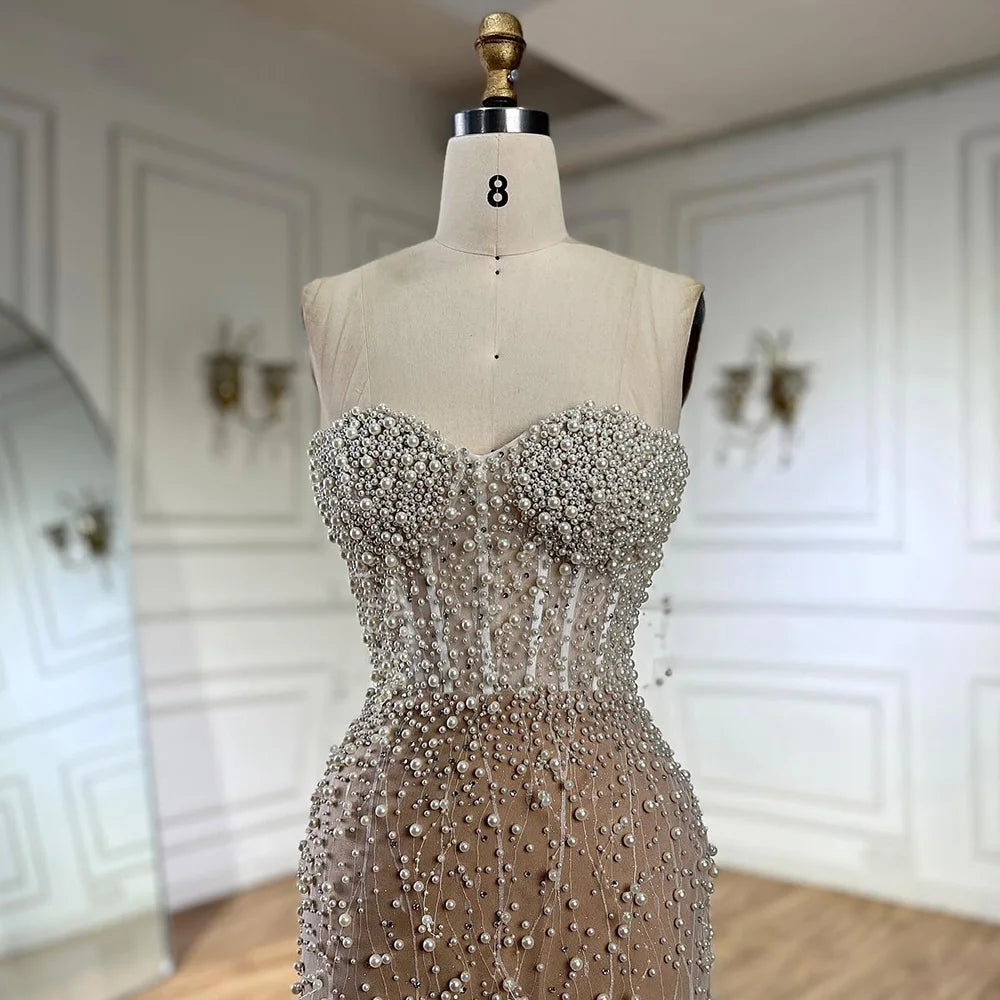 Serene Hill 2024 Arabic White Nude Mermaid Gown Pearls Beading High Split Luxury Dubai Evening Dress for Women's Party LA72544