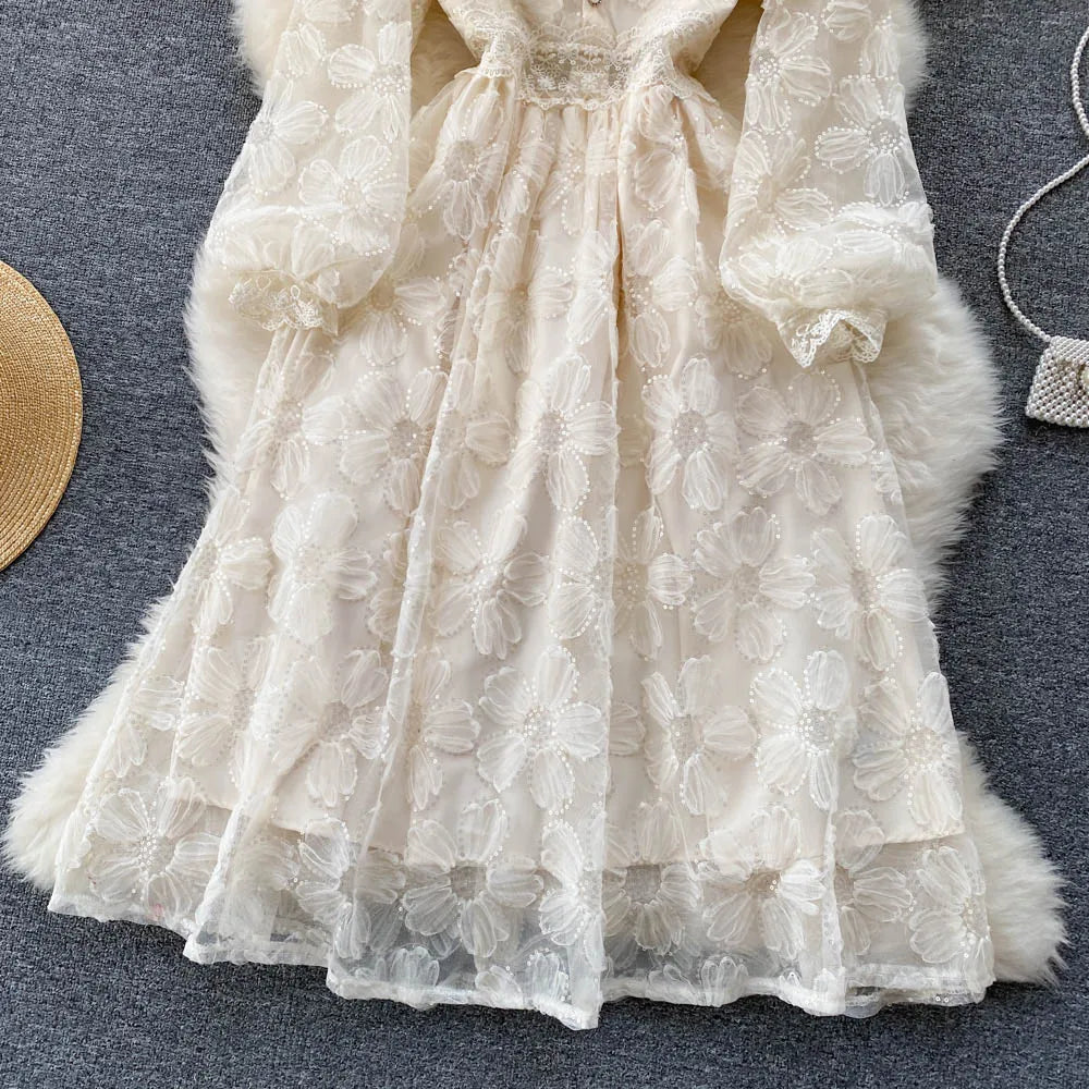 Elegant and Chic Women Fashion Lace Midi Party Dress Spring Vintage A-Line Solid Birthday Prom Vestidos Female Clothes Robe New