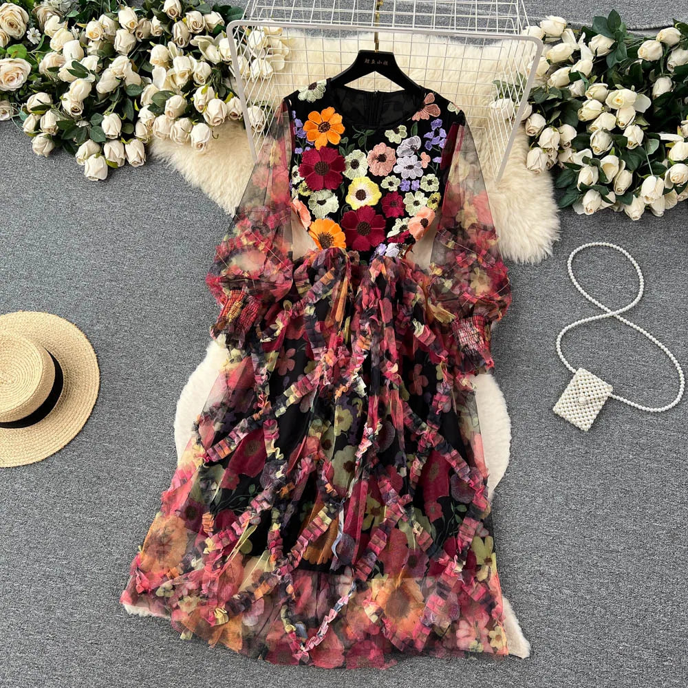 Retro Print Embroidery Elegant Mesh Dress A-line O-neck Long Sleeve Casual High Waist Dress Women Summer