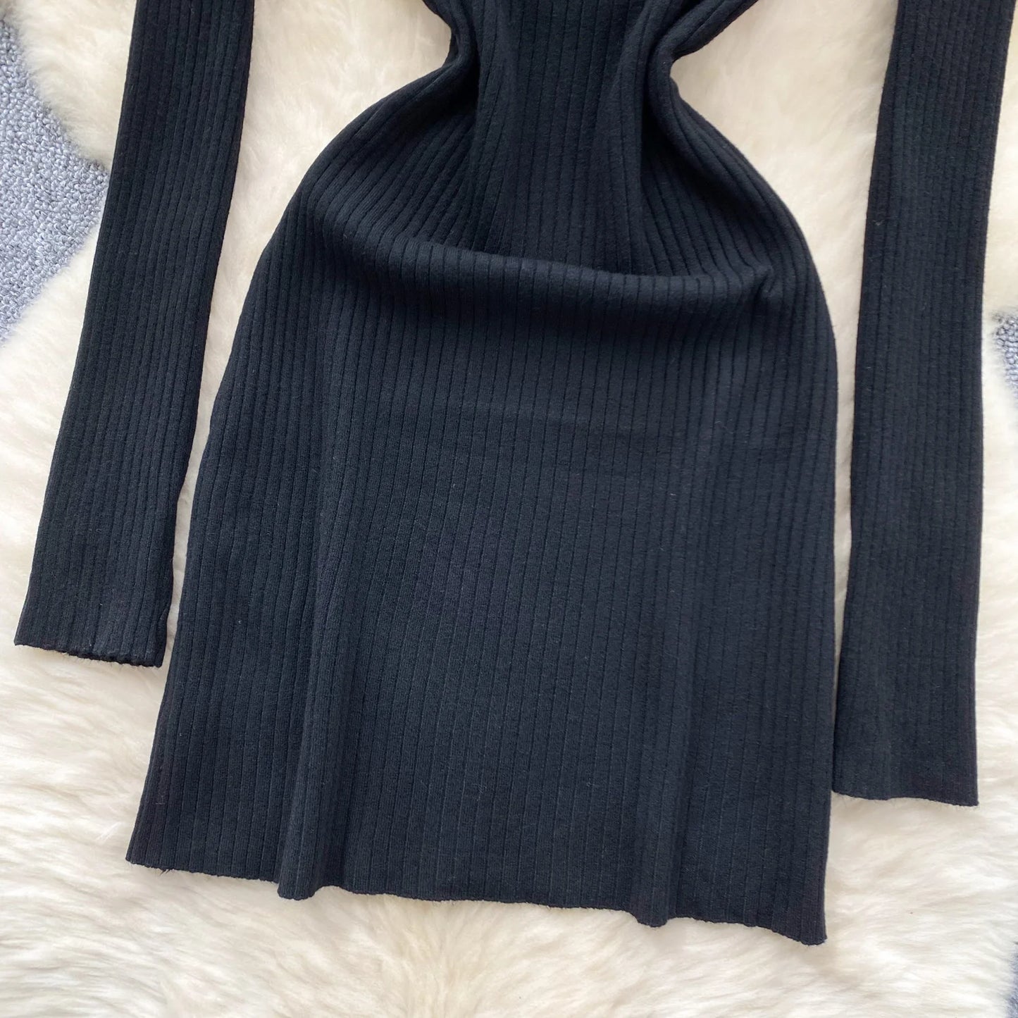 Y2k French Vintage Knitted Dress for Women Autumn Bodycon V-neck Long Sleeved Solid Simplicity Fashion Causal A-line Dresses