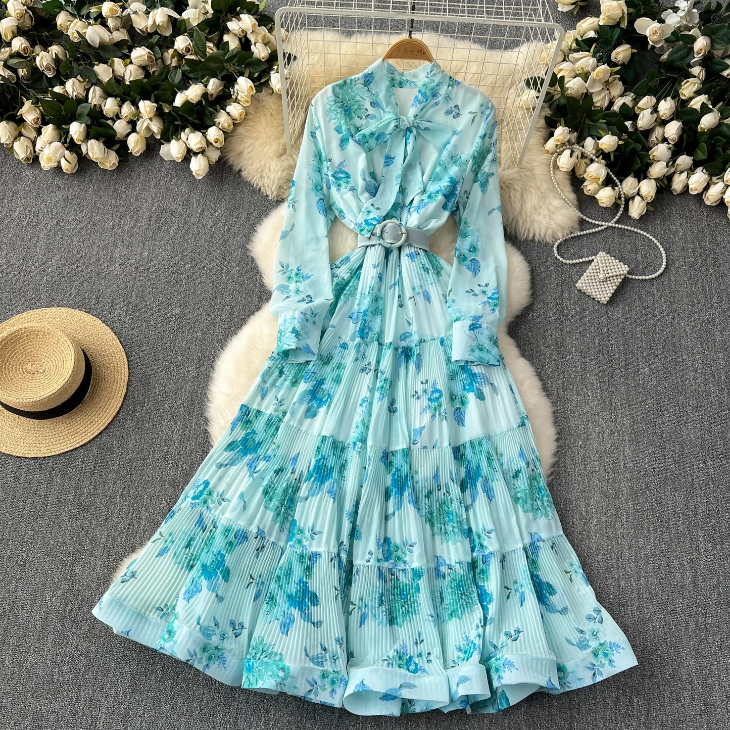 French Vintage Ruffle Lace-up Bow Puff Sleeves Long Sleeves Dress korean fashion Casual Women Fashion summer dresses
